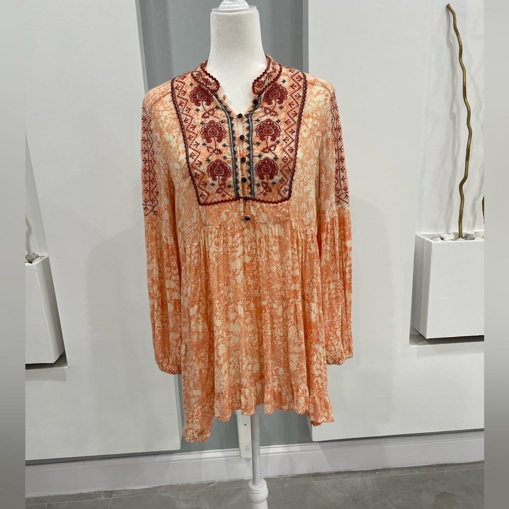 Anthropologie Orange and Cream Long Sleeve Dress